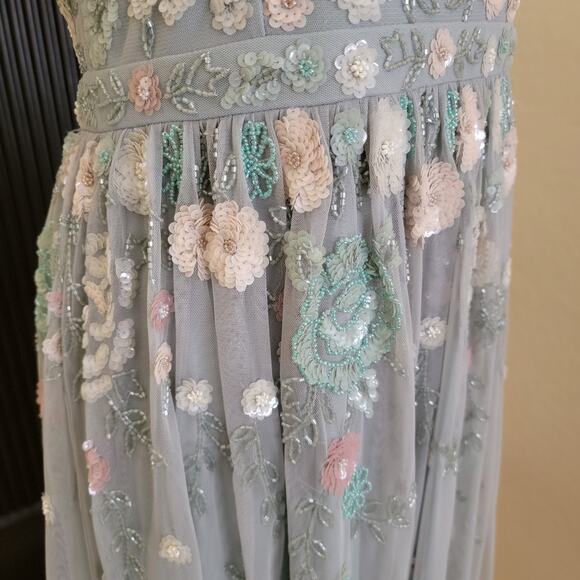 Mac Duggal 6 Seafoam Green 9134 Floral Midi Short Sleeve Sequin Beaded Dress New - Picture 11 of 14